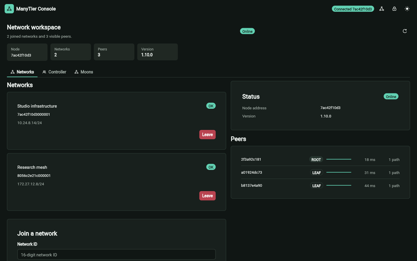 ManyTier Console showing two joined networks, daemon status, and connected peers